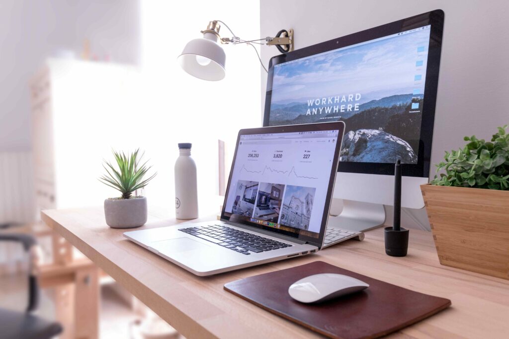 An organized desk with natural light and plants